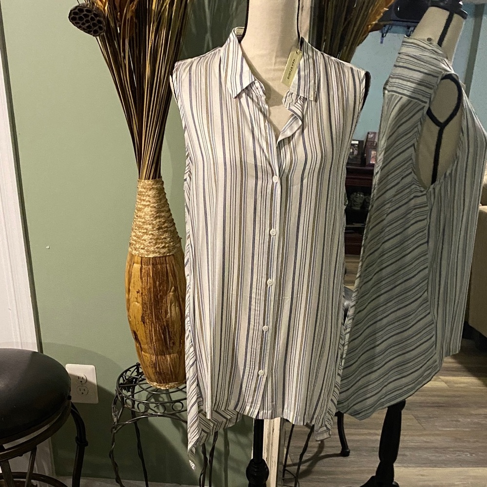 Max Studio Striped Sleeveless Button-Down Shirt